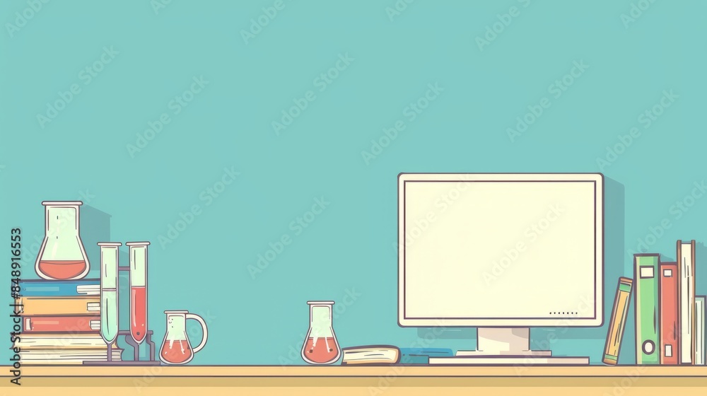 Poster simple blank template for animated background with outline of computer, book and test tube on one si