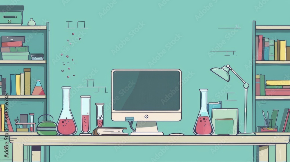 Poster simple blank template for animated background with outline of computer, book and test tube on one si