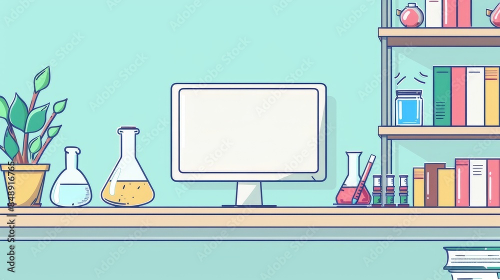 Poster simple blank template for animated background with outline of computer, book and test tube on one si