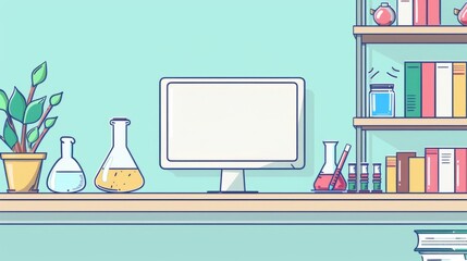 Simple blank template for animated background with outline of computer, book and test tube on one side. with copy space for text