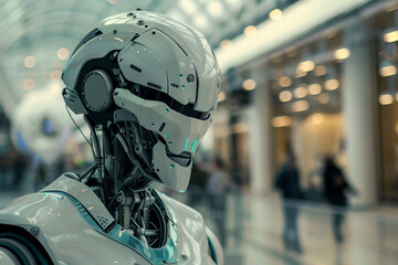 Generative AI creative picture Robot cyborg in activities of daily life routine living together with people