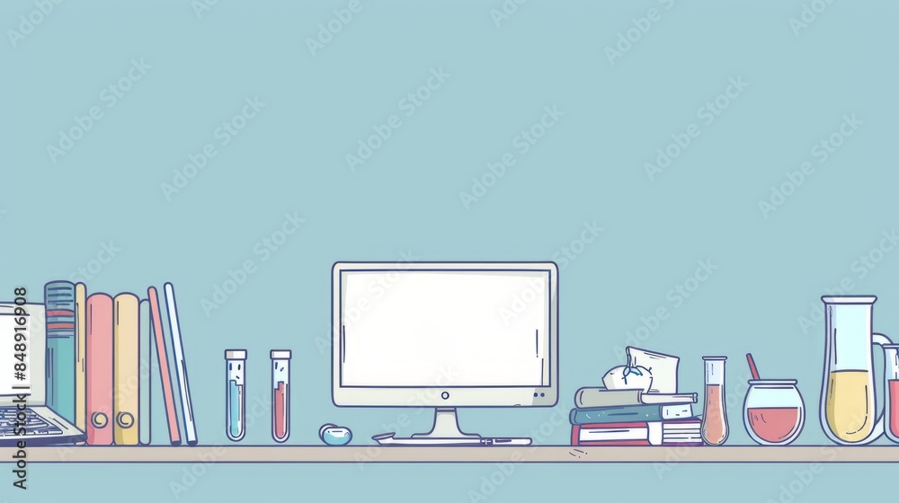 Poster simple blank template for animated background with outline of computer, book and test tube on one si