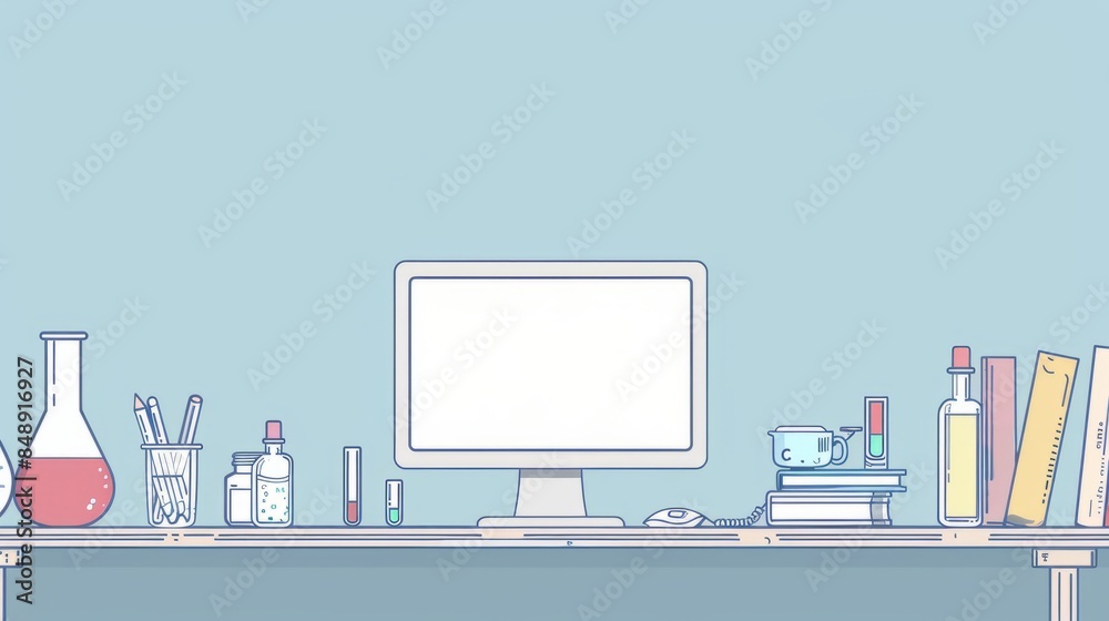 Poster simple blank template for animated background with outline of computer, book and test tube on one si