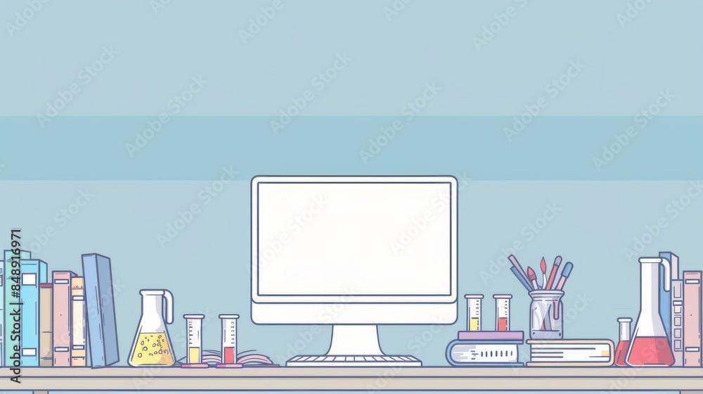 Fototapete simple blank template for animated background with outline of computer, book and test tube on one si