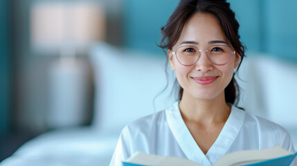 Obraz premium Portrait of a smiling Asian woman wearing glasses and reading the Bible in a cozy indoor setting. Captures a moment of joy and spiritual reflection, ideal for themes of faith, and religion.