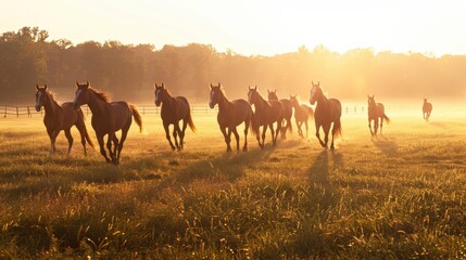 Obraz premium Thoroughbred horses walking in a grass field at sunrise
