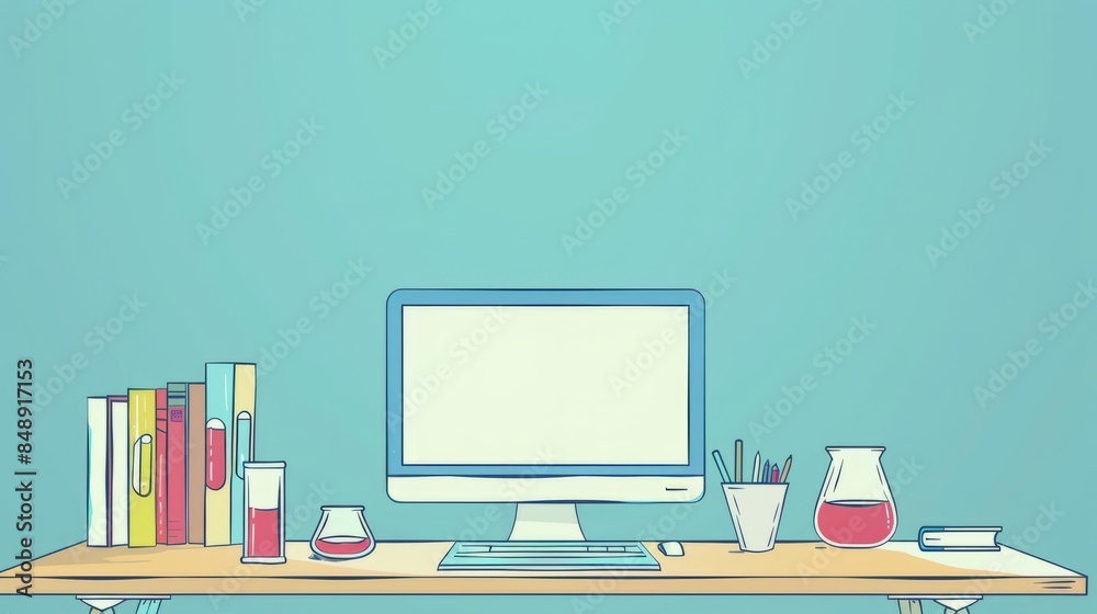 Fototapete Simple blank template for animated background with outline of computer, book and test tube on one side. with copy space for text