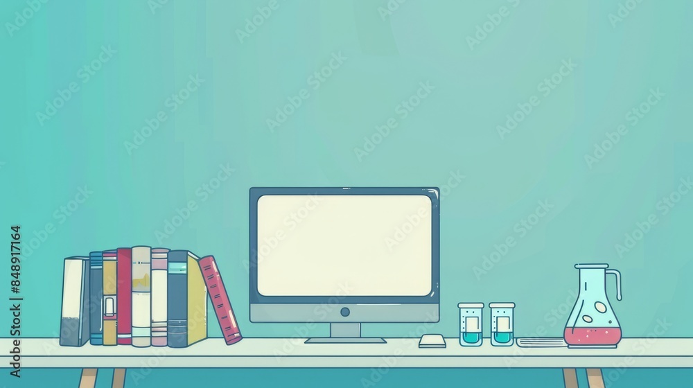 Poster simple blank template for animated background with outline of computer, book and test tube on one si