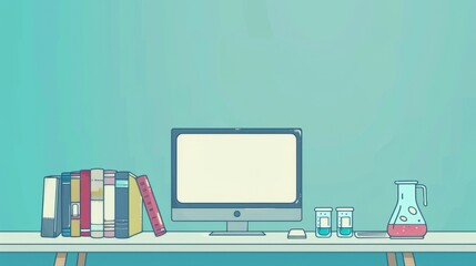 Simple blank template for animated background with outline of computer, book and test tube on one side. with copy space for text