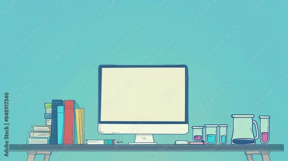 Poster simple blank template for animated background with outline of computer, book and test tube on one si