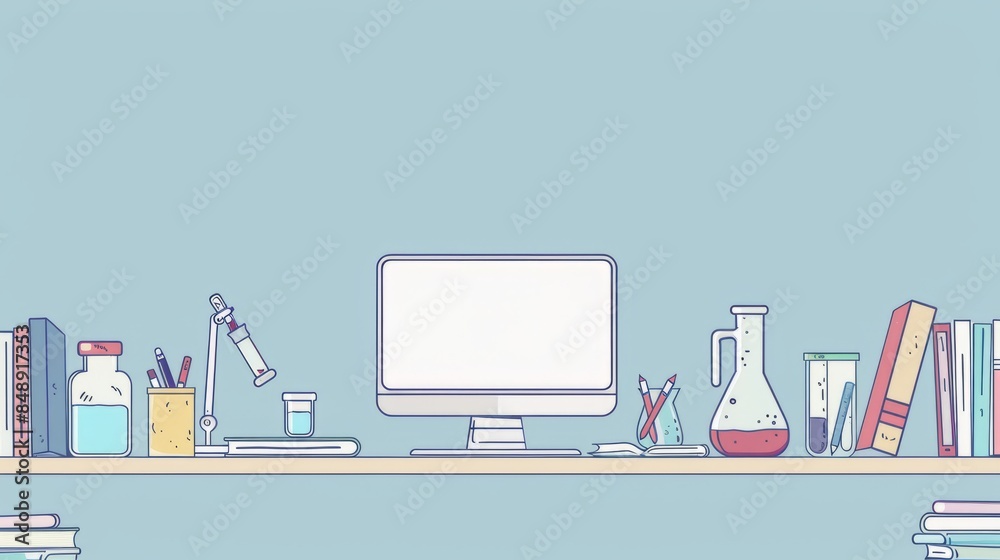 Poster simple blank template for animated background with outline of computer, book and test tube on one si