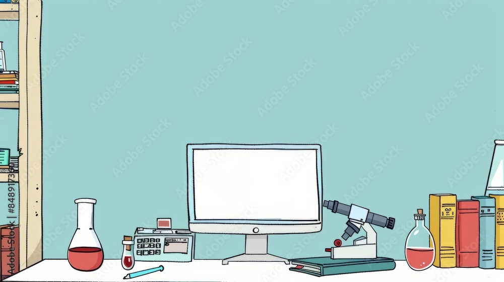 Fototapete Simple blank template for animated background with outline of computer, book and test tube on one side. with copy space for text