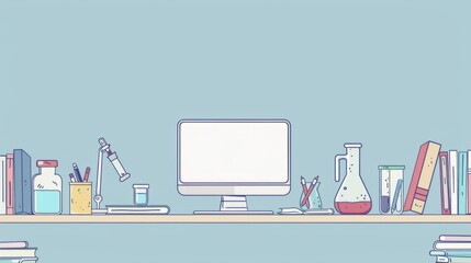 Simple blank template for animated background with outline of computer, book and test tube on one side. with copy space for text