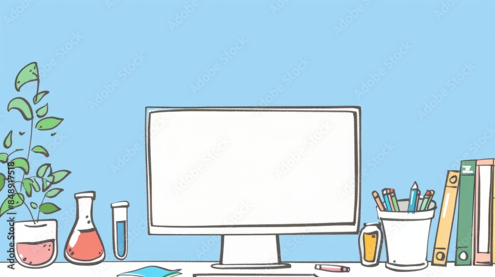 Poster simple blank template for animated background with outline of computer, book and test tube on one si