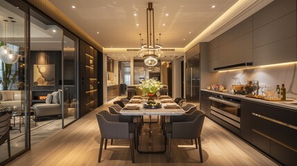 Bangkok Thailand - 14 February 2021 Luxurious dining room and modern kitchen, decorated with elegant furnishings within a spacious interior. Stylish design ideas for dining tables, chairs, drawers