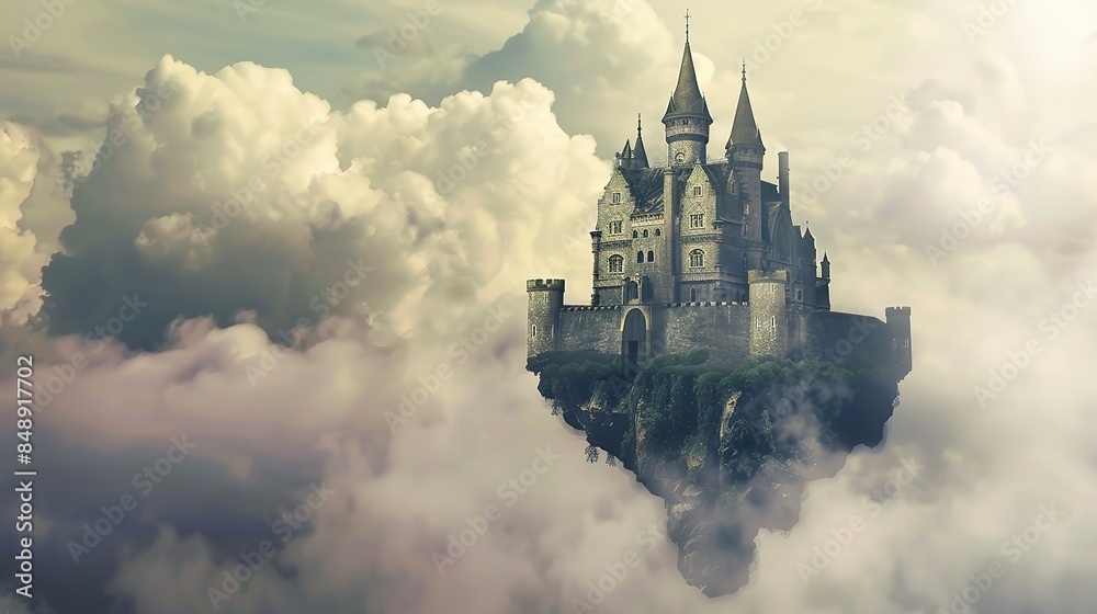 Wall mural Majestic castle with turrets on a floating island, clouds drifting around, long shot, midday brilliance. 