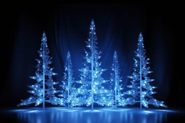 Christmas tree with shining light with particles falling snowflakes and stars 3d rendering blue background