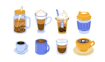 Various cold and hot coffee drinks set. Collections of espresso, americano, cappuccino, bubble coffee and other types of beverages in cup, paper mug and glass. Vector illustration.