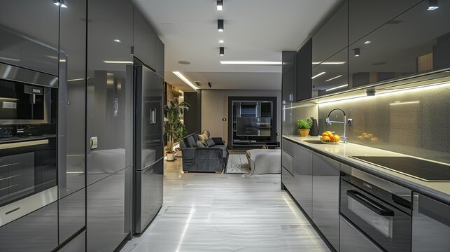 Beautiful Grey Modern Kitchen in a Luxury Apartment with Stainless Steel Appliances
