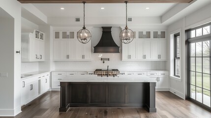 Beautiful white kitchen with dark accents in new modern farmhouse style luxury home