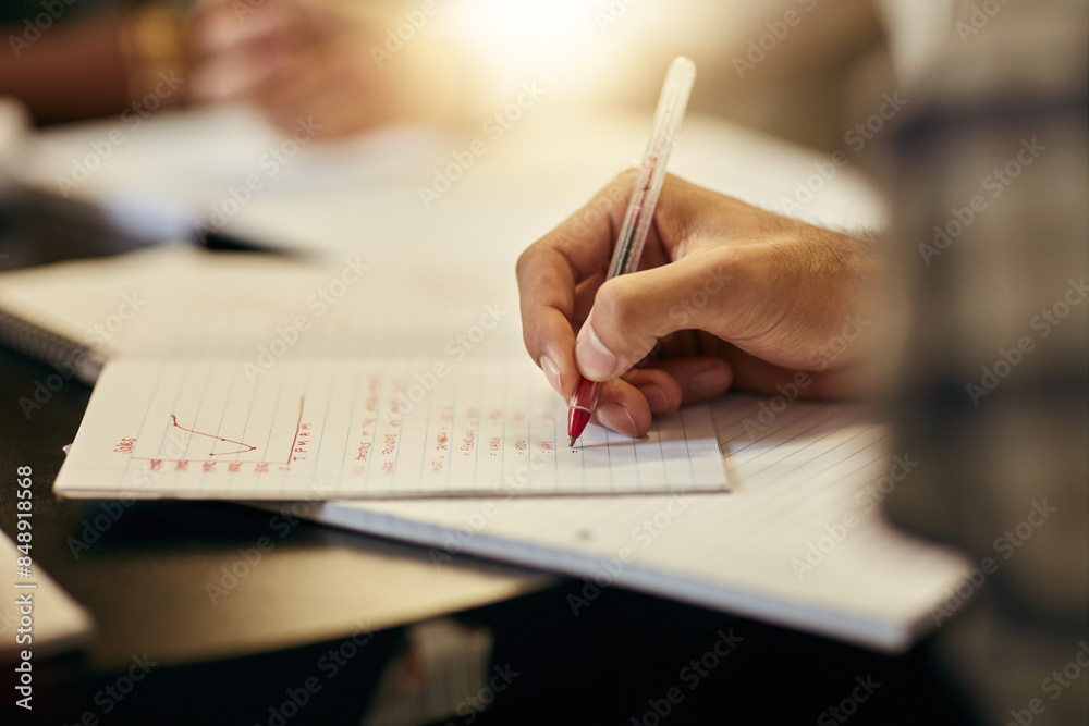 Poster writing, strategy and hands of person in library for university education, scholarship course or pro