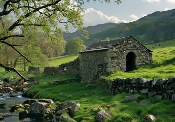 Old stone barn in the Lake District, on an overcast day with dramatic shadows and light, photo taken from ground level, wide angle lens, landscape photography, beautiful stormy sky