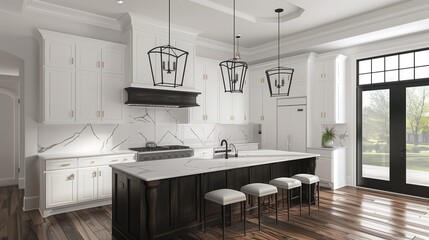 Beautiful white kitchen with dark accents in new modern farmhouse style luxury home