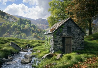Old stone barn in the Lake District, on an overcast day with dramatic shadows and light, photo taken from ground level, wide angle lens, landscape photography, beautiful stormy sky