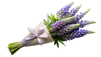 a bouquet of purple lupine flowers. The blooms are arranged diagonally across the frame