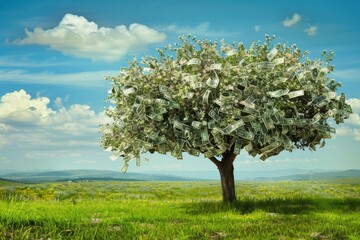 Cash growth: Hundred dollar bills sprouting on sunny field