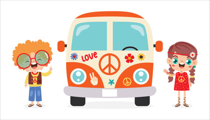 Hippie Characters With Camper Van
