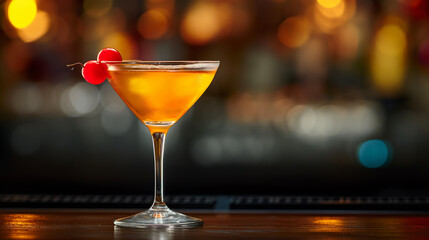 Manhattan cocktail in glass, refreshing alcohol drink