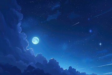 Night's Beautiful Blue Sky: Moon, Stars, and Clouds in a Scenic View