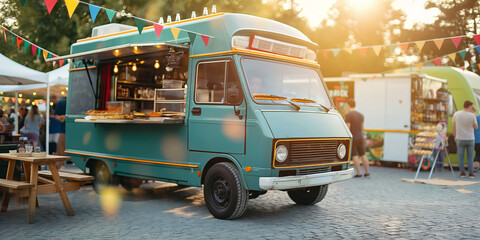 Lively city life with a vibrant street food market with food trucks and stalls where people gather to eat and enjoy the vibrant atmosphere of the city.