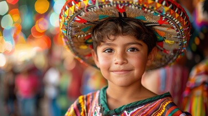 Fototapeta premium Vivid photo of a Mexican little boy in traditional attire, wearing a colorful sombrero