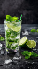 Mojito cocktail in glass, refreshing alcohol drink