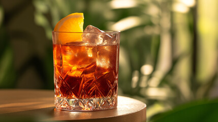 Negroni cocktail in glass, refreshing alcohol drink
