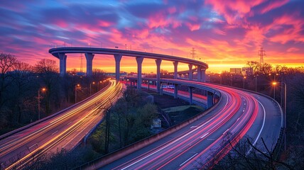 Fototapeta premium Complex overpass system with soft evening hues highlighting busy traffic