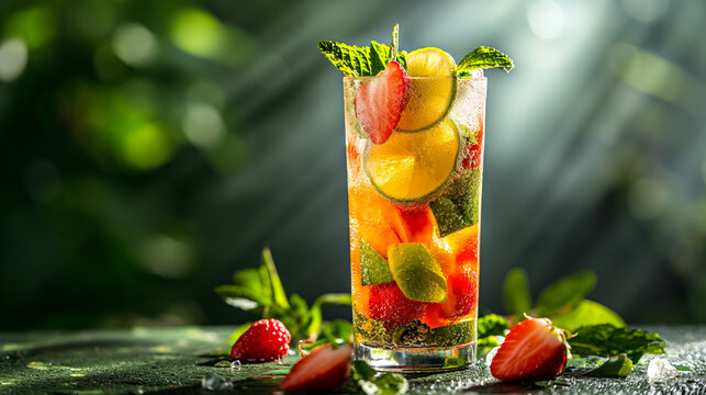Pimms Cup cocktail in glass, refreshing colorful alcohol drink