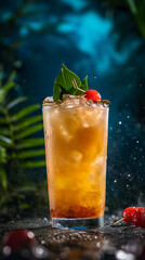 Rum swizzle cocktail in glass, refreshing colorful alcohol drink