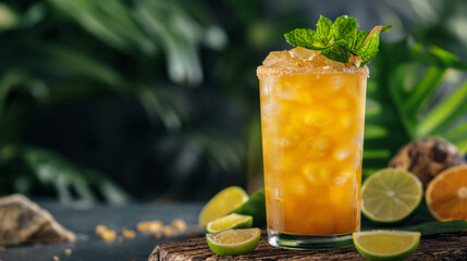 Rum swizzle cocktail in glass, refreshing colorful alcohol drink
