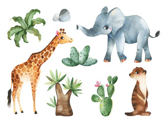 Watercolor collection with the African animals-giraffe,elephant,meerkat and plants.Perfect for your own project, education, school, invitation, wallpapers, stickers and more