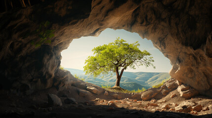 Obraz premium A tree is growing in a cave