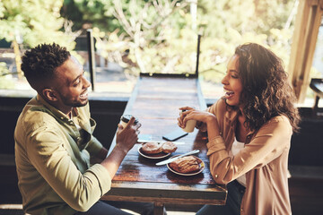 Happy, people and laughing with food at cafe for funny conversation, nutrition and bonding together. Man, woman and couple in love with date at restaurant for breakfast, beverage and humor in morning