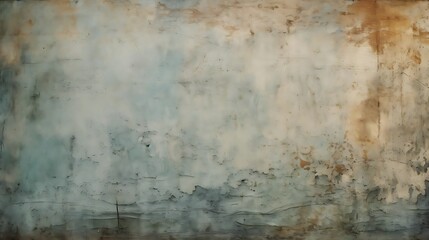 an old wall with a lot of paint on it, featuring a ladder, a paintbrush, and a jar of paint on the left side of the image