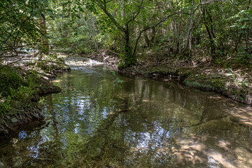 Obraz premium View of La Brague River in the department of Alpes-Maritimes as seen in La Brague Park, near Biot Village, Provence-Alpes-Cote d'Azur, French Riviera, France