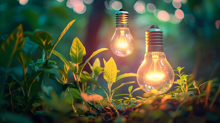 A light bulb surrounded by growing plants with a nature background.