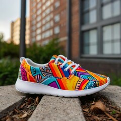 Colorful bright pattern custom sneakers with a great view in the background. Outdoor view. Fashion style photo.