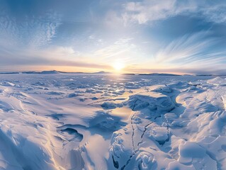 Tundra landscape, icy expanse, fisheye lens, sunset glow, vibrant whites, soft focus, wideangle view, ethereal lighting, stark ambiance
