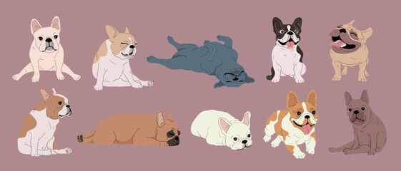 Set of Cute Cartoon French Bulldog Dogs with Various Fur Colors and Coat Types, Different Breeds. Isolated Vector Illustration
